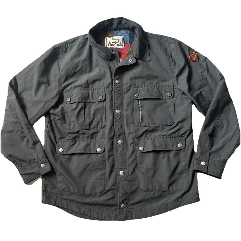 Woolrich Gray Utility Jacket Chore Plaid Lined Pockets Snap Cotton/Nylon Vent L